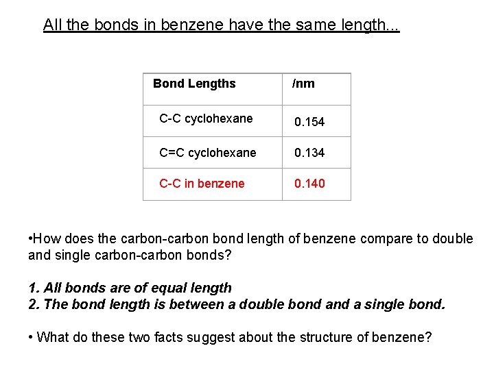 All the bonds in benzene have the same length. . . Bond Lengths /nm
