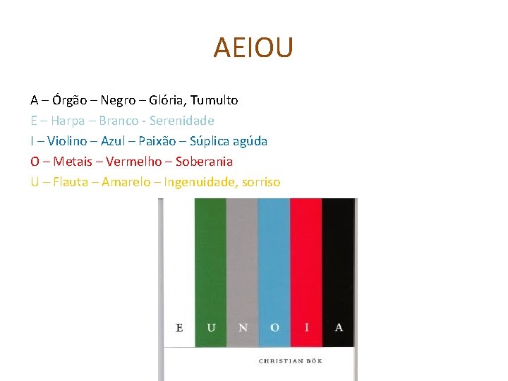 AEIOU A – Órgão – Negro – Glória, Tumulto E – Harpa – Branco