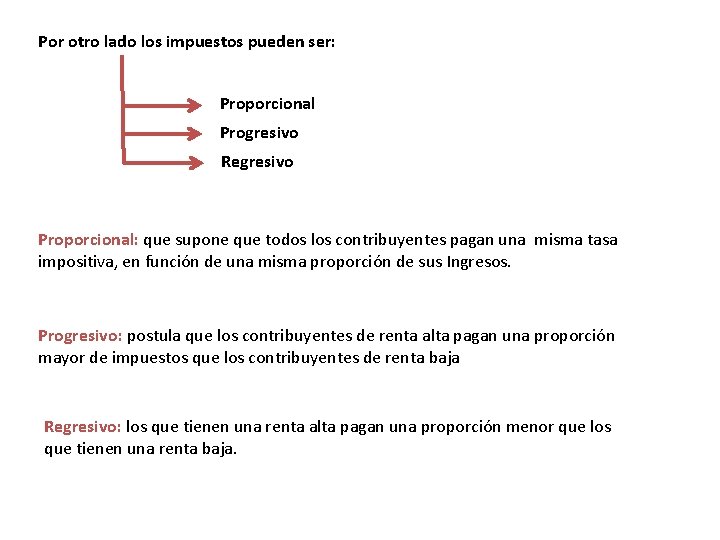 Por otro lado los impuestos pueden ser: Proporcional Progresivo Regresivo Proporcional: que supone que