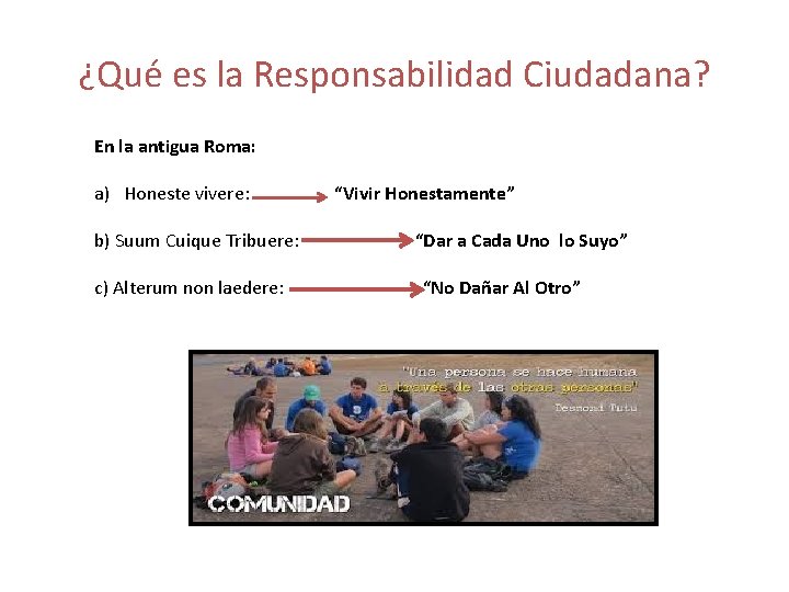 ¿Qué es la Responsabilidad Ciudadana? En la antigua Roma: a) Honeste vivere: “Vivir Honestamente”