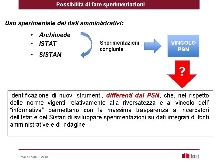 Possibilità di fare sperimentazioni Uso sperimentale dei dati amministrativi: • Archimede • ISTAT •