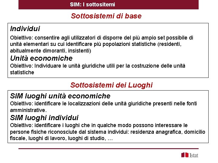 SIM: I sottositemi Sottosistemi di base Individui Obiettivo: consentire agli utilizzatori di disporre del