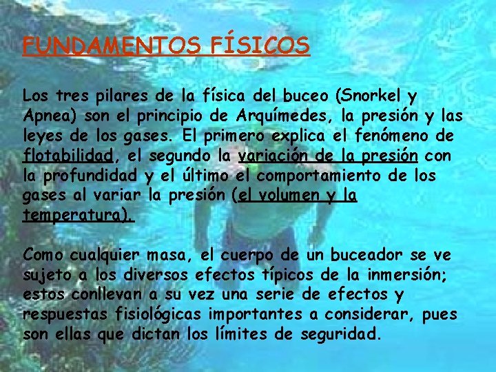 FUNDAMENTOS FÍSICOS Los tres pilares de la física del buceo (Snorkel y Apnea) son