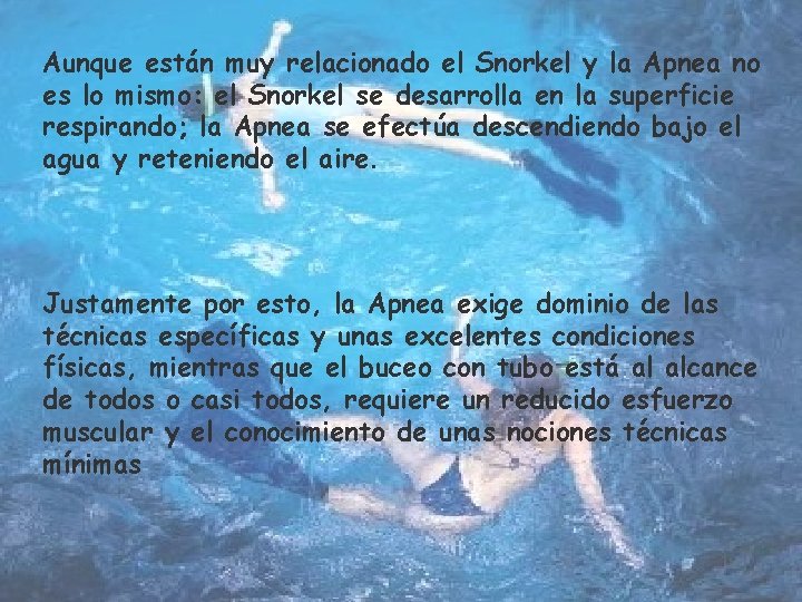 Aunque están muy relacionado el Snorkel y la Apnea no es lo mismo: el