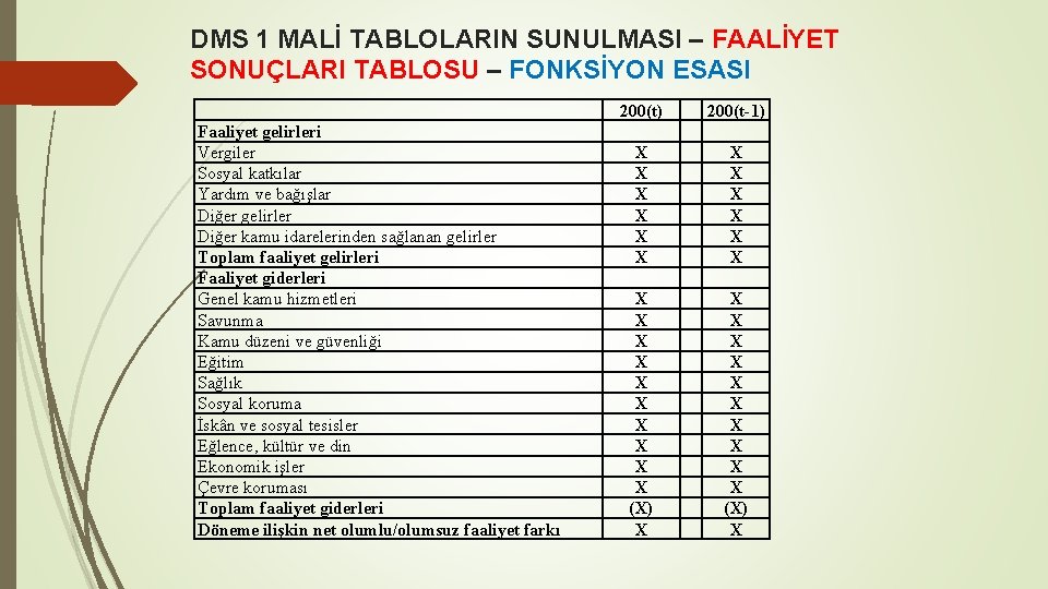 DMS 1 MALİ TABLOLARIN SUNULMASI – FAALİYET SONUÇLARI TABLOSU – FONKSİYON ESASI Faaliyet gelirleri