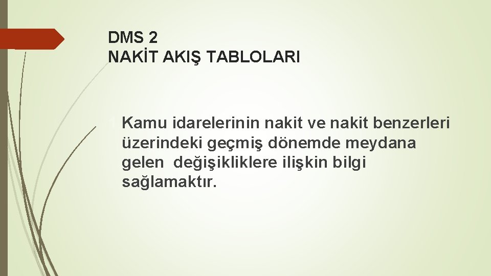 DMS 2 NAKİT AKIŞ TABLOLARI 1. Kamu idarelerinin nakit ve nakit benzerleri üzerindeki geçmiş