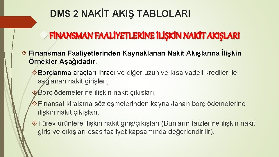 DMS 2 NAKİT AKIŞ TABLOLARI FİNANSMAN FAALİYETLERİNE İLİŞKİN NAKİT AKIŞLARI Finansman Faaliyetlerinden Kaynaklanan Nakit