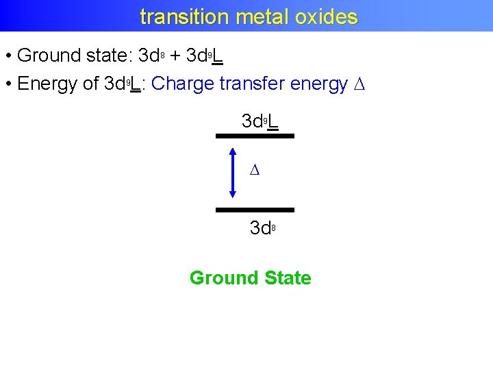 Charge transfer effects in XAS and XPS transition metal oxides • Ground state: 3