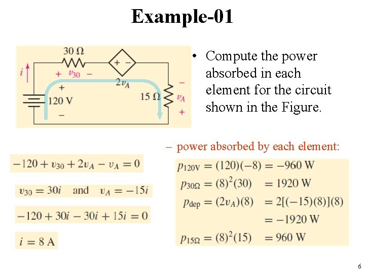 Example-01 • Compute the power absorbed in each element for the circuit shown in