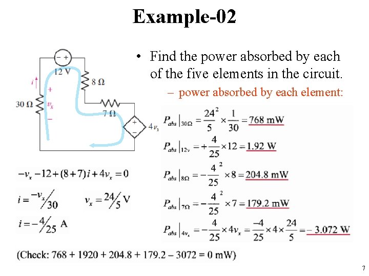 Example-02 • Find the power absorbed by each of the five elements in the