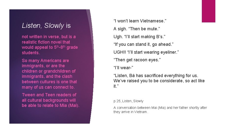 Listen, Slowly is “I won’t learn Vietnamese. ” A sigh. “Then be mute. ”