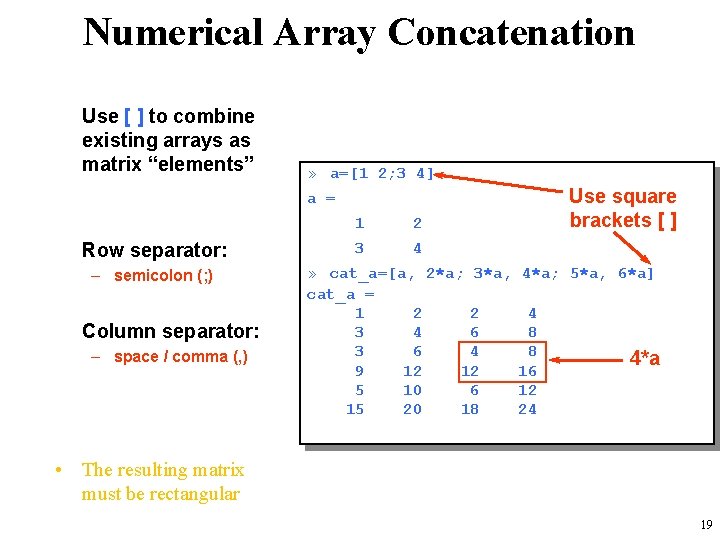 Numerical Array Concatenation Use [ ] to combine existing arrays as matrix “elements” »