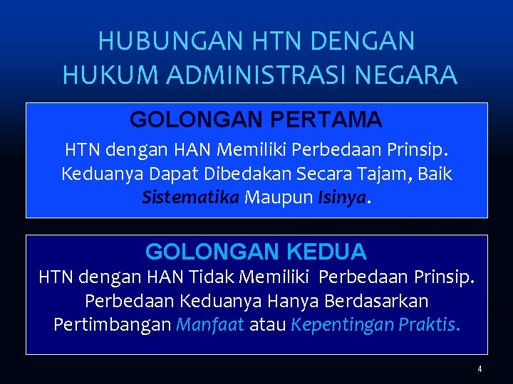 HUBUNGAN HTN DENGAN HUKUM ADMINISTRASI NEGARA GOLONGAN PERTAMA HTN dengan HAN Memiliki Perbedaan Prinsip.