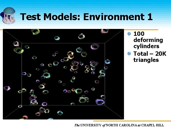 Test Models: Environment 1 100 deforming cylinders Total – 20 K triangles The UNIVERSITY
