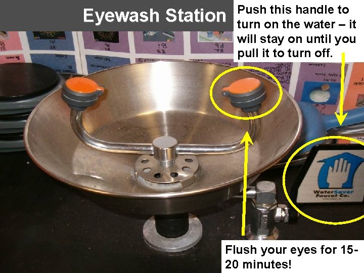 Eyewash Station Push this handle to turn on the water – it will stay