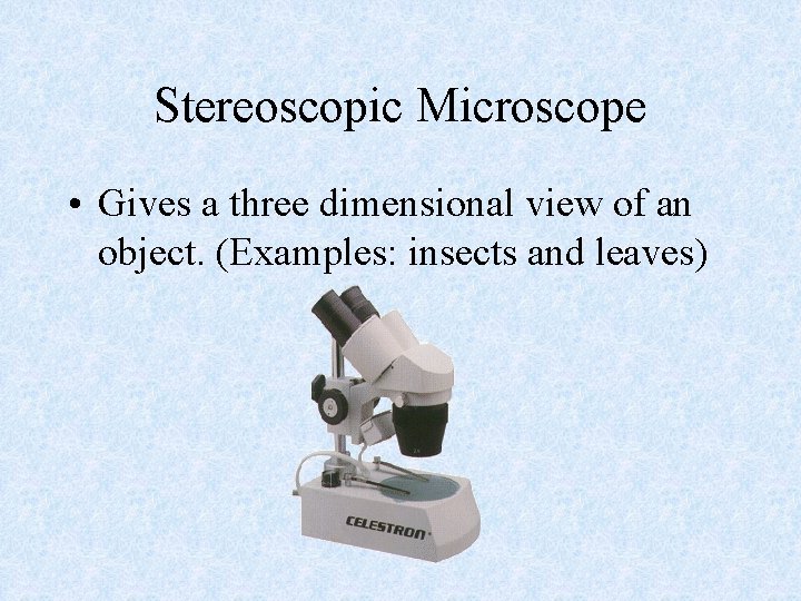 Stereoscopic Microscope • Gives a three dimensional view of an object. (Examples: insects and
