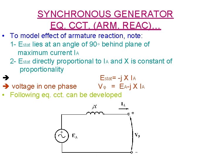 SYNCHRONOUS GENERATOR EQ. CCT. (ARM. REAC)… • To model effect of armature reaction, note: