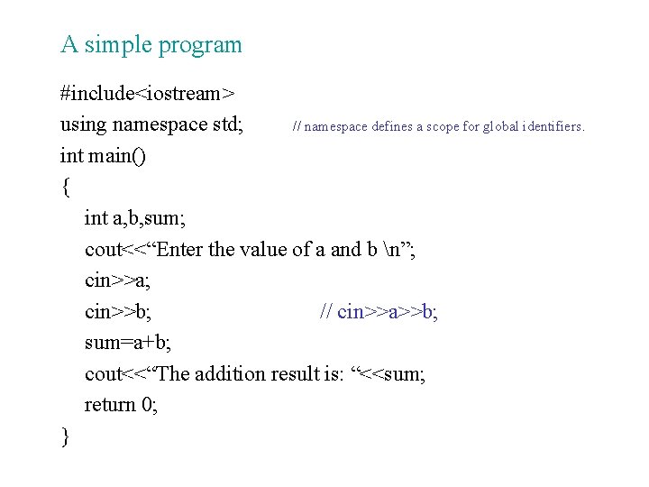 A simple program #include<iostream> using namespace std; // namespace defines a scope for global