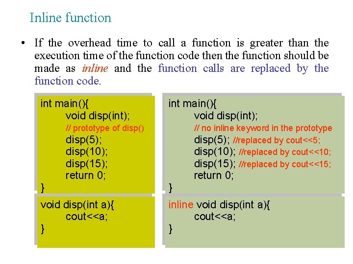 Inline function • If the overhead time to call a function is greater than