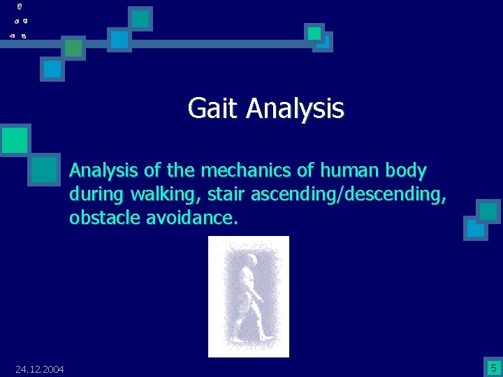 Gait Analysis of the mechanics of human body during walking, stair ascending/descending, obstacle avoidance.