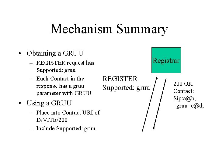 Mechanism Summary • Obtaining a GRUU – REGISTER request has Supported: gruu – Each