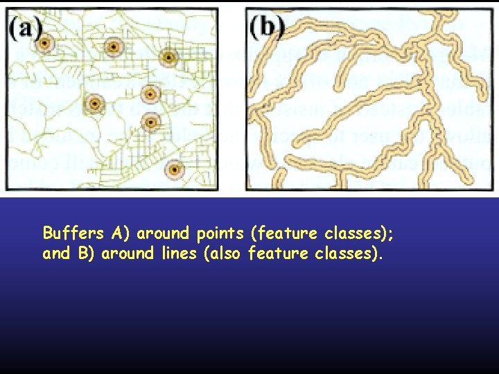 Buffers A) around points (feature classes); and B) around lines (also feature classes). Buffers A) around points (feature classes); and B) around lines (also feature classes).