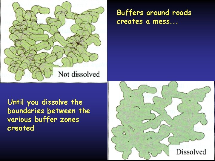 Buffers around roads creates a mess. . . Until you dissolve the boundaries between Buffers around roads creates a mess. . . Until you dissolve the boundaries between