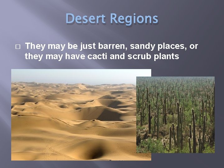 Desert Regions � They may be just barren, sandy places, or they may have