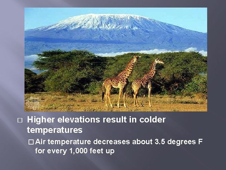 � Higher elevations result in colder temperatures � Air temperature decreases about 3. 5