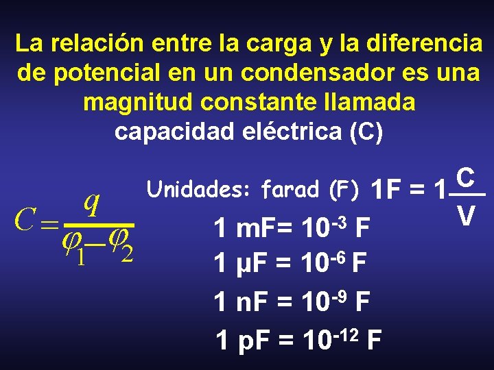 La relación entre la carga y la diferencia de potencial en un condensador es