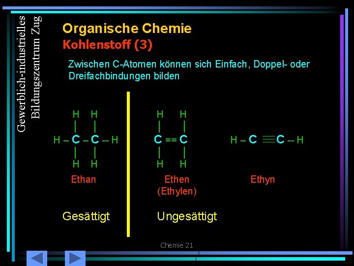 Gewerblich-industrielles Bildungszentrum Zug Organische Chemie Kohlenstoff (3) Zwischen C-Atomen können sich Einfach, Doppel- oder