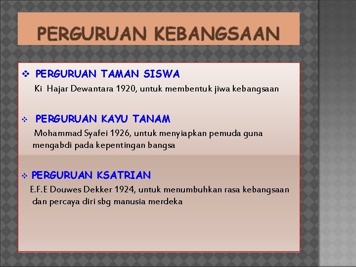 PERGURUAN KEBANGSAAN v PERGURUAN TAMAN SISWA Ki Hajar Dewantara 1920, untuk membentuk jiwa kebangsaan PERGURUAN KEBANGSAAN v PERGURUAN TAMAN SISWA Ki Hajar Dewantara 1920, untuk membentuk jiwa kebangsaan