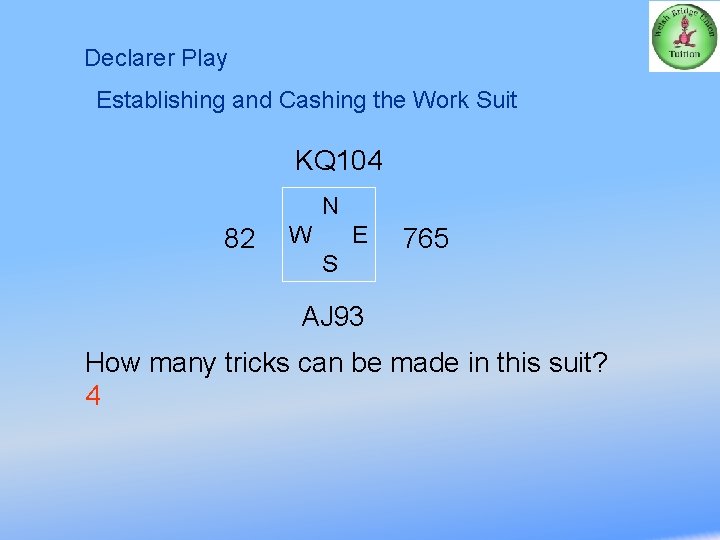 Declarer Play Establishing and Cashing the Work Suit KQ 104 N 82 W E