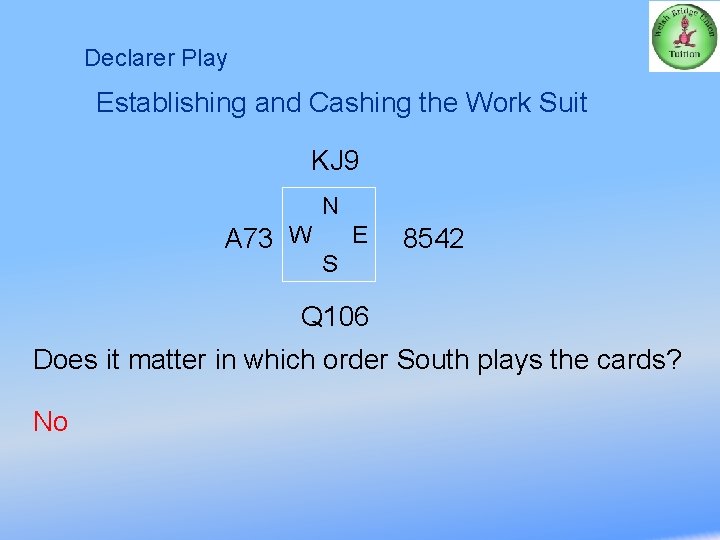 Declarer Play Establishing and Cashing the Work Suit KJ 9 N A 73 W