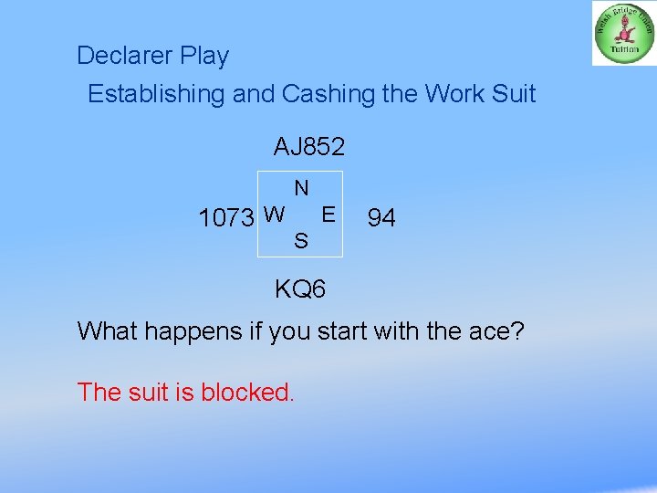 Declarer Play Establishing and Cashing the Work Suit AJ 852 N 1073 W E