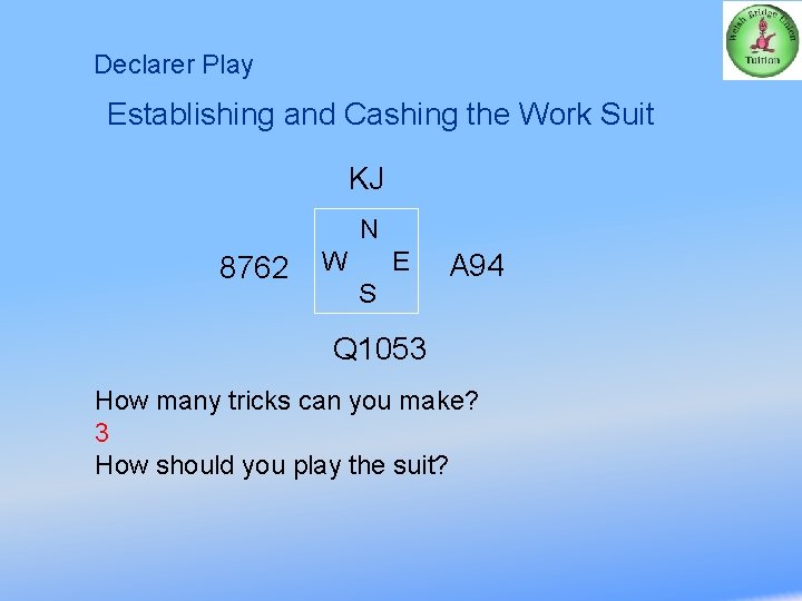 Declarer Play Establishing and Cashing the Work Suit KJ N 8762 W E S