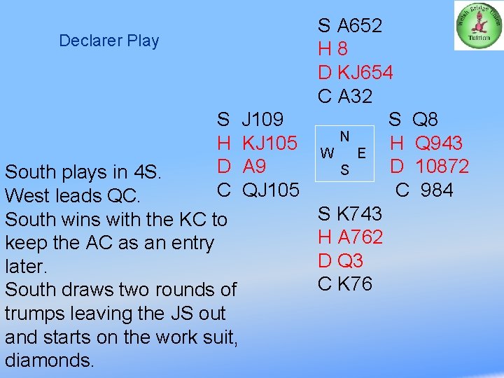 S A 652 Declarer Play H 8 D KJ 654 C A 32 S