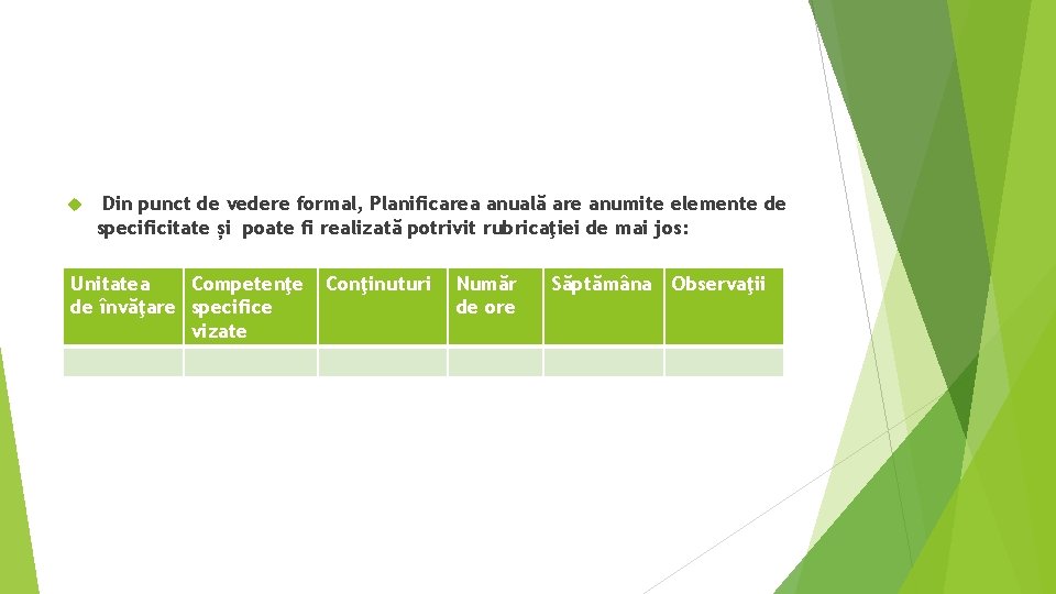 Din punct de vedere formal, Planificarea anuală are anumite elemente de specificitate și Din punct de vedere formal, Planificarea anuală are anumite elemente de specificitate și