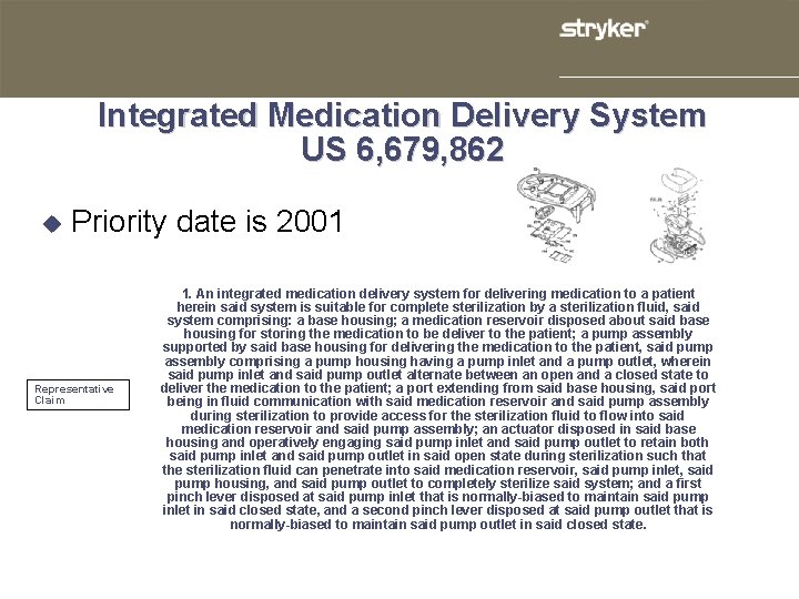 Integrated Medication Delivery System US 6, 679, 862 u Priority date is 2001 Representative