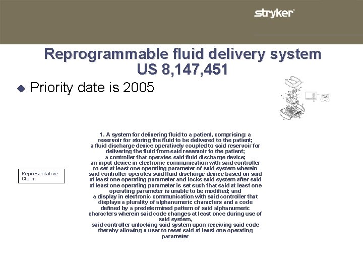 Reprogrammable fluid delivery system US 8, 147, 451 u Priority date is 2005 Representative