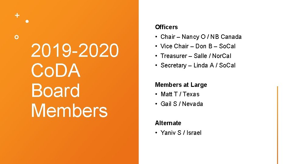 Officers 2019 -2020 Co. DA Board Members • Chair – Nancy O / NB