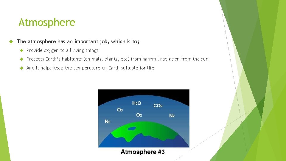 Atmosphere The atmosphere has an important job, which is to; Provide oxygen to all