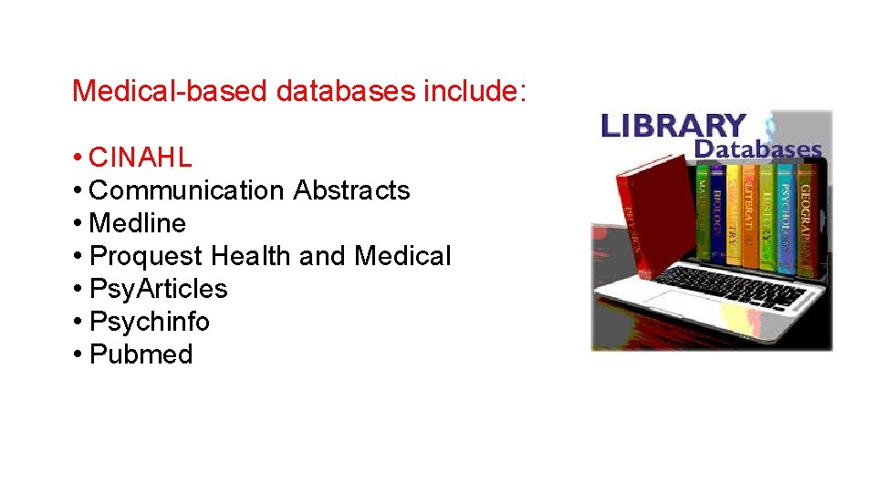 Medical-based databases include: • CINAHL • Communication Abstracts • Medline • Proquest Health and