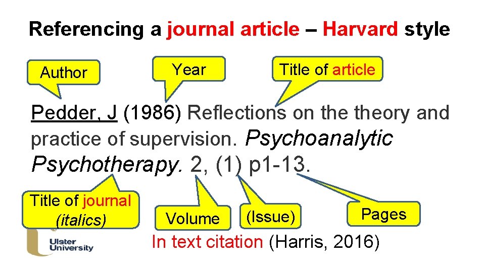 Referencing a journal article – Harvard style Author Year Title of article Pedder, J