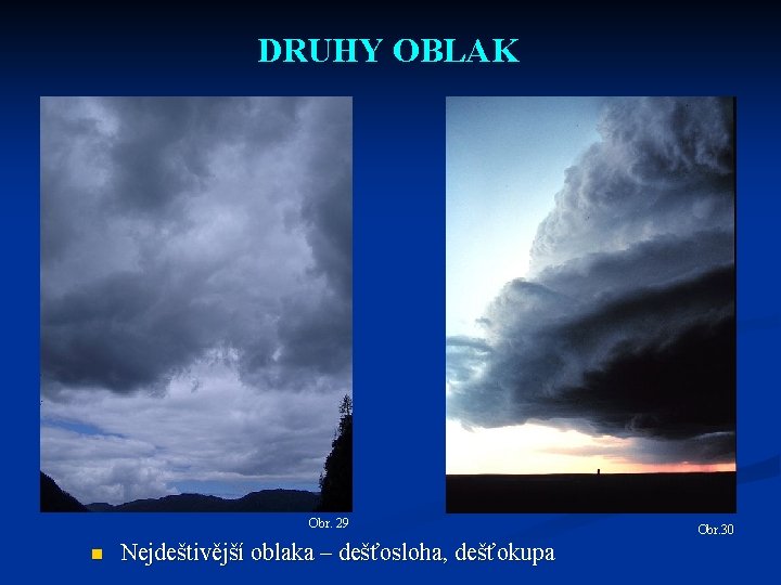 DRUHY OBLAK Obr. 29 n Nejdeštivější oblaka – dešťosloha, dešťokupa Obr. 30 