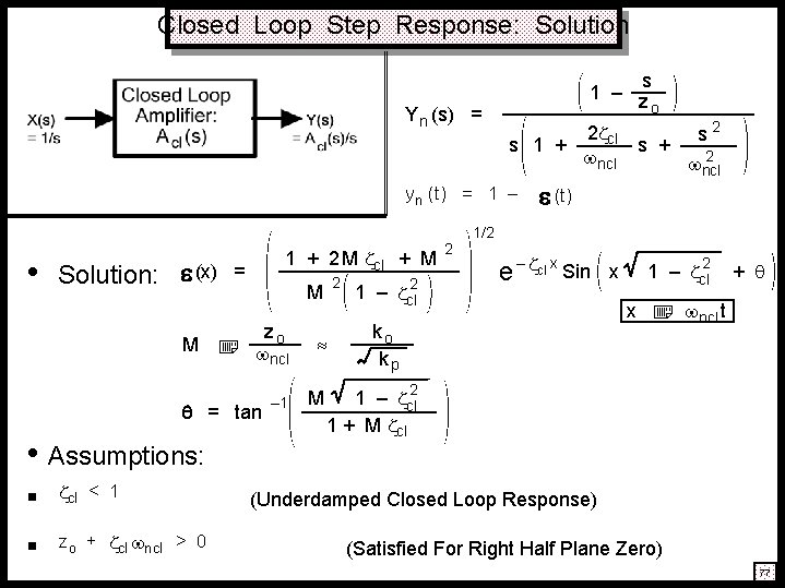Closed Loop Step Response: Solution Y n (s) = s 1 – z o Closed Loop Step Response: Solution Y n (s) = s 1 – z o