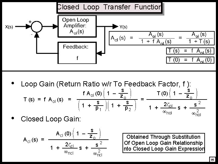 Closed Loop Transfer Function • Loop Gain (Return Ratio w/r To Feedback Factor, f Closed Loop Transfer Function • Loop Gain (Return Ratio w/r To Feedback Factor, f