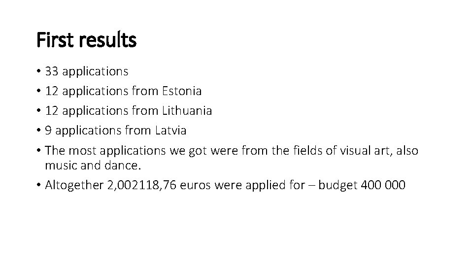 First results • 33 applications • 12 applications from Estonia • 12 applications from