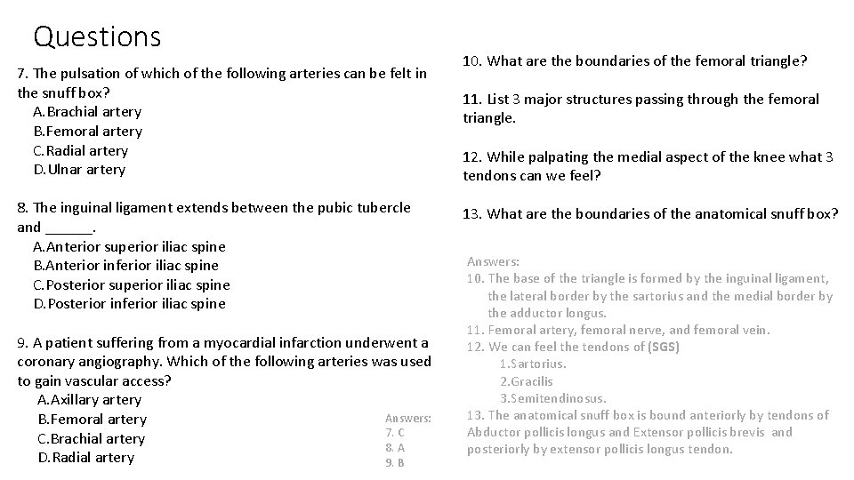 Questions 7. The pulsation of which of the following arteries can be felt in