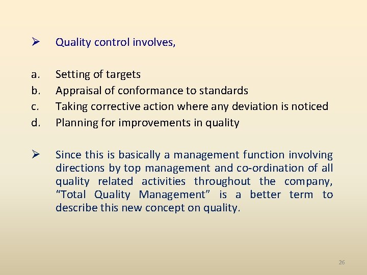 Ø Quality control involves, a. b. c. d. Setting of targets Appraisal of conformance